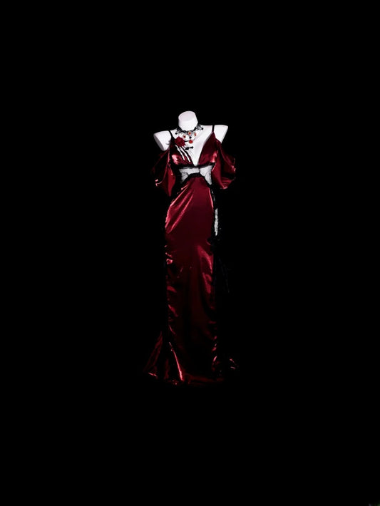 Burgunderrotes Abschlussballkleid Inspo Meerjungfrau Spaghettiträger Satin Dezent Langes Festliches Abendkleid RB9940