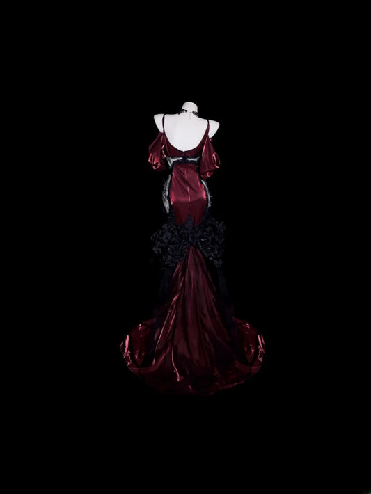 Burgunderrotes Abschlussballkleid Inspo Meerjungfrau Spaghettiträger Satin Dezent Langes Festliches Abendkleid RB9940