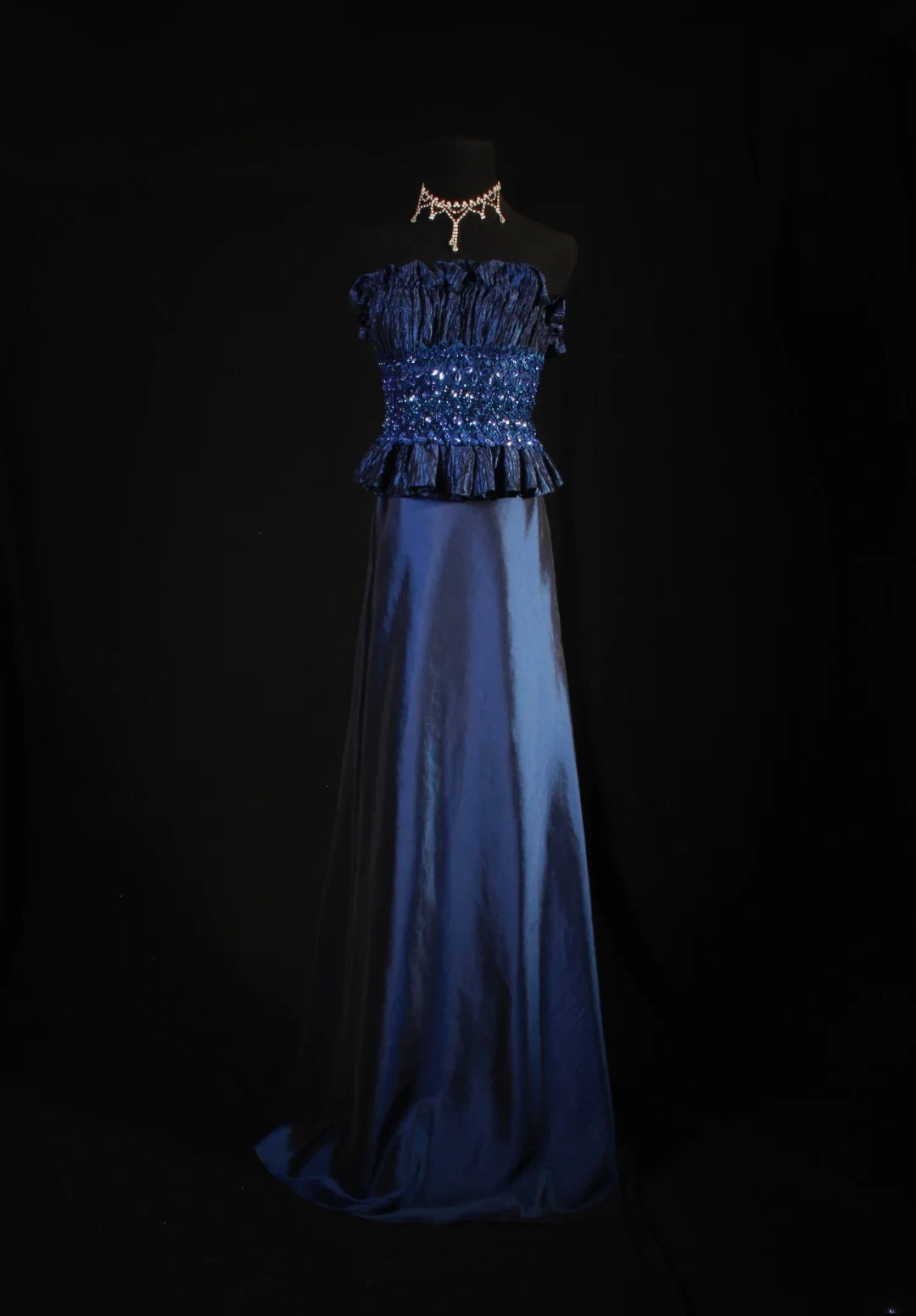 Retro-Stil der 70er und 60er Jahre: A-Linien-Kleid, trägerlos, marineblau mit Strasssteinen, ärmellos, langes Ballkleid, Abendkleid, Partykleid AS146
