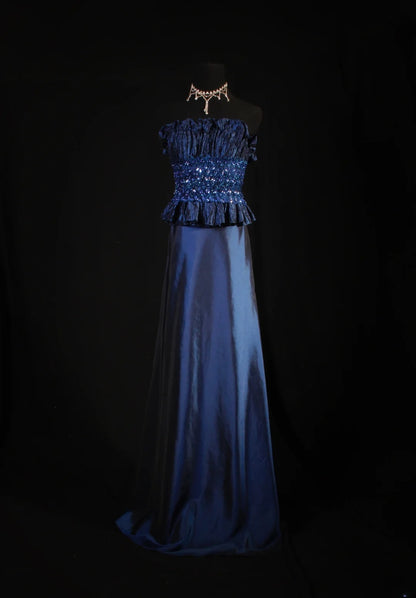 Retro-Stil der 70er und 60er Jahre: A-Linien-Kleid, trägerlos, marineblau mit Strasssteinen, ärmellos, langes Ballkleid, Abendkleid, Partykleid AS146