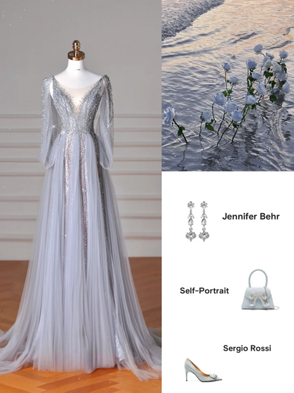 Robe de bal longue élégante en tulle gris argenté, coupe trapèze, col en V, style formel, idéale pour les soirées dansantes (AB2207)