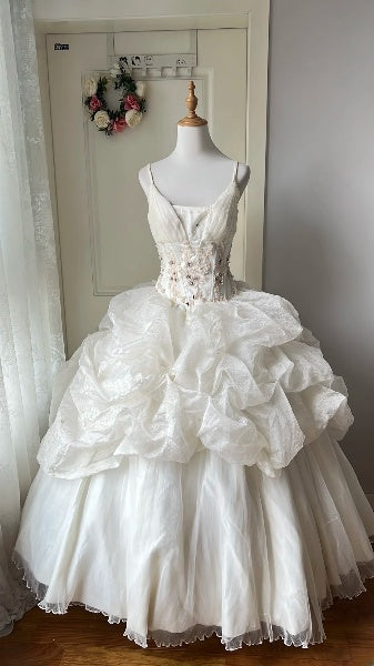 Sweet 15 Quinceanera Dress Ball Gown Spaghetti Straps White With Lace Ruffled Long 15th Birthday Gown RC0510