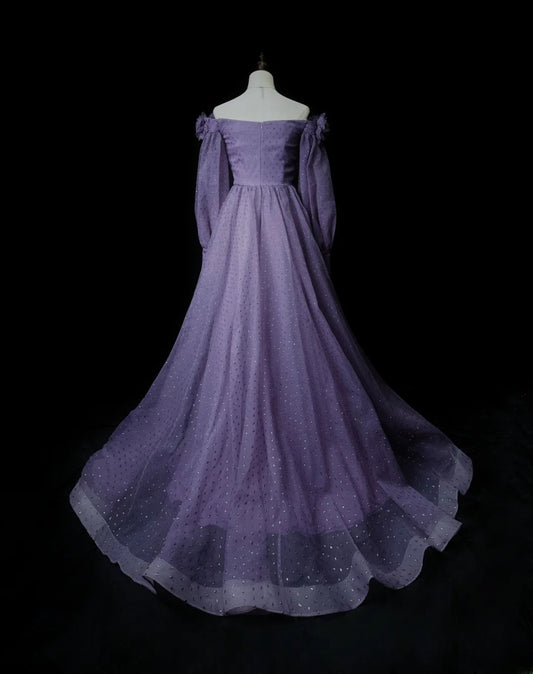 Classy Prom Dresses Ball Gown Off The Shoulder Purple With Long Sleeves Tulle Party Dress Formal Outfits RB5956