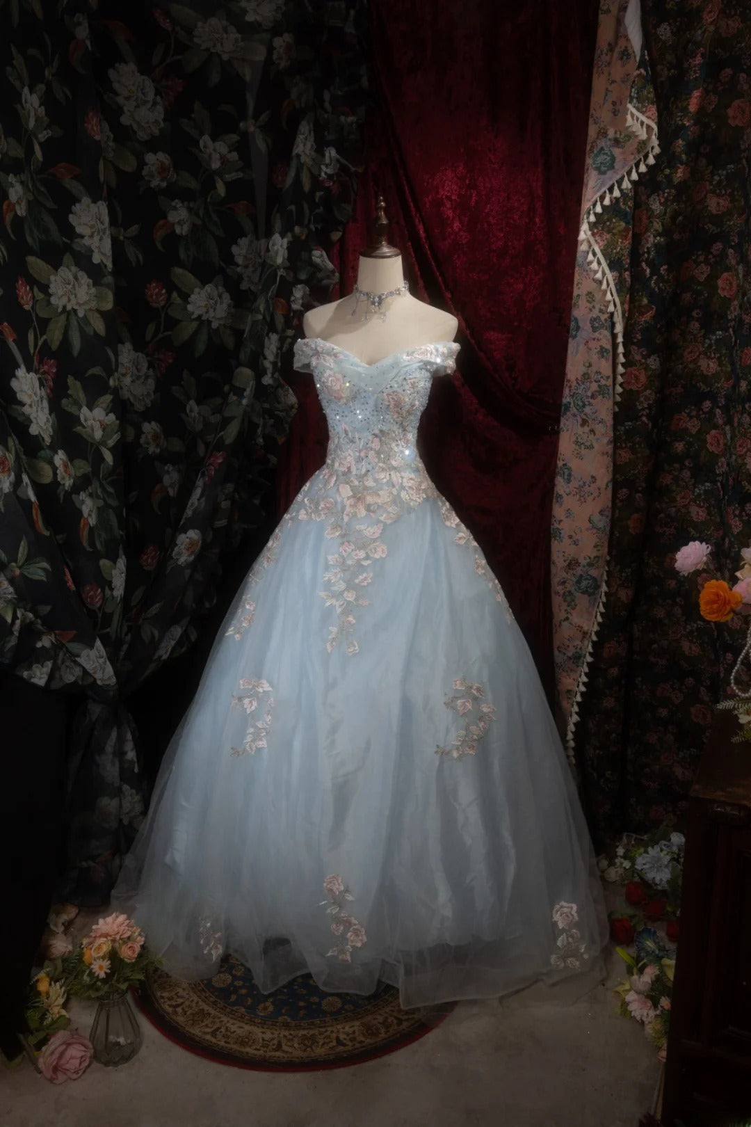 Dreamy Princess Ball Gown Formal Events Off The Shoulder Light Sky Blue With Lace Quince Dress Quinceanera Dresses Birthday Outfits RB8284