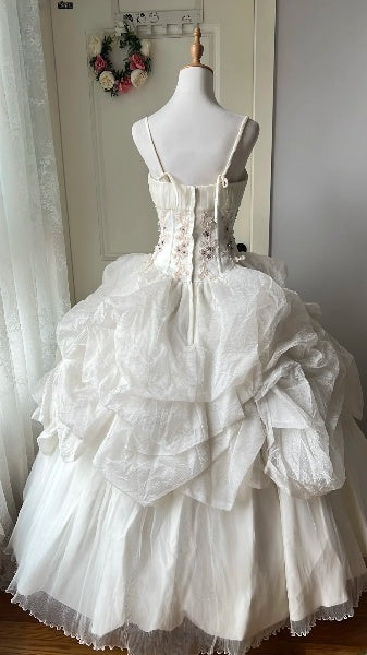 Quinceanera-Kleid für den 15. Geburtstag, Ballkleid mit Spaghettiträgern, Weiß mit Spitze, gerüschtes langes Festkleid RC0510