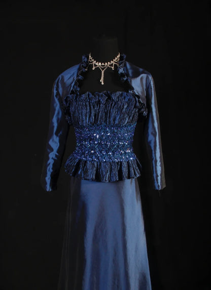 Retro-Stil der 70er und 60er Jahre: A-Linien-Kleid, trägerlos, marineblau mit Strasssteinen, ärmellos, langes Ballkleid, Abendkleid, Partykleid AS146
