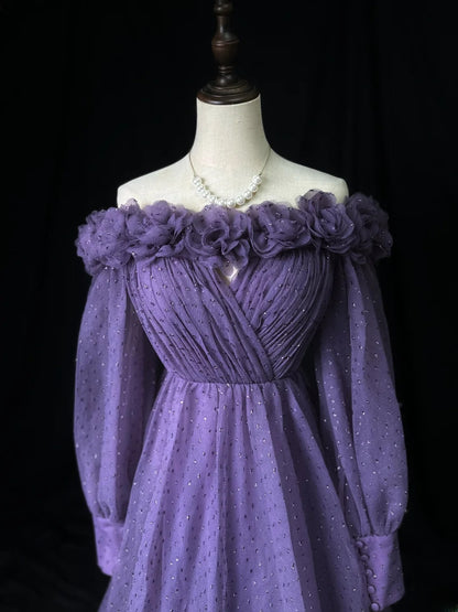 Classy Prom Dresses Ball Gown Off The Shoulder Purple With Long Sleeves Tulle Party Dress Formal Outfits RB5956