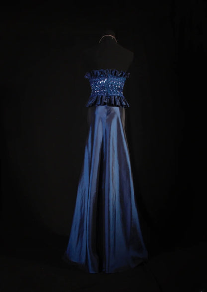 Retro-Stil der 70er und 60er Jahre: A-Linien-Kleid, trägerlos, marineblau mit Strasssteinen, ärmellos, langes Ballkleid, Abendkleid, Partykleid AS146