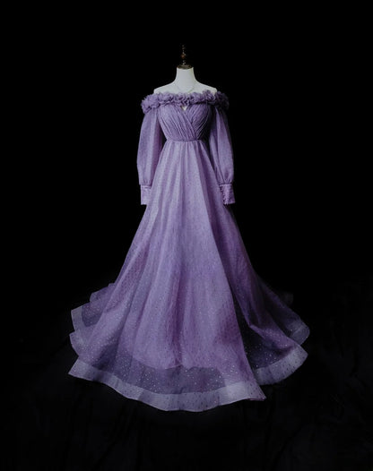 Classy Prom Dresses Ball Gown Off The Shoulder Purple With Long Sleeves Tulle Party Dress Formal Outfits RB5956
