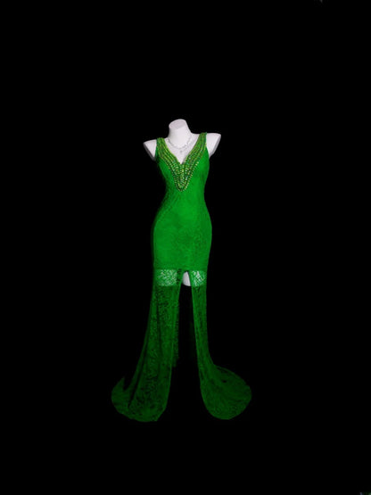 Green Prom Dress Inspo Mermaid V Neck Lace Slit Modest Long Formal Party Gown RB9941