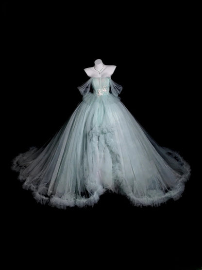 Sweet 16 Dress Blue Off Shoulder Tulle Ball Gown With Sleeves Sweet Sixteen Dress RB9942