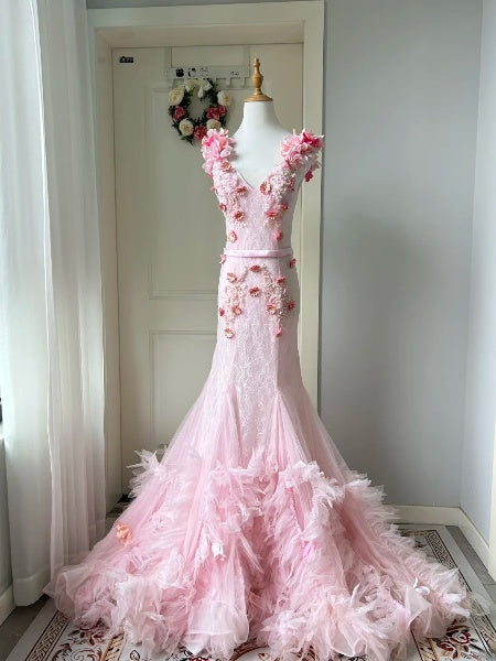 Abschlussballkleid Meerjungfrau V-Ausschnitt mit 3D-Blumenspitze langes rosa Abendkleid für Damen RC0511