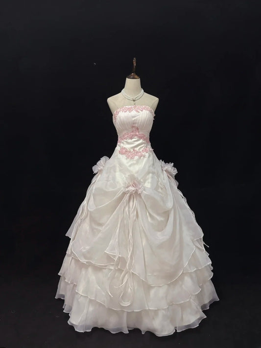 Modest Ball Gown Strapless Light Pink With Tiered Layers Long Quince Dress Voluminous Sweet 16 Sweet Sixteen Outfits Vestido de 15 RB7527