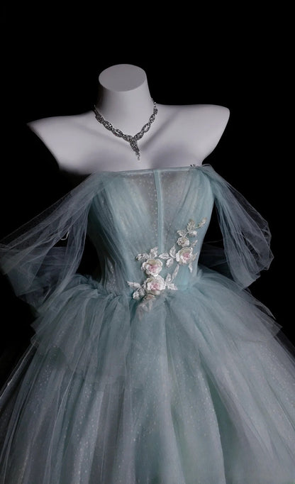 Sweet 16 Dress Blue Off Shoulder Tulle Ball Gown With Sleeves Sweet Sixteen Dress RB9942