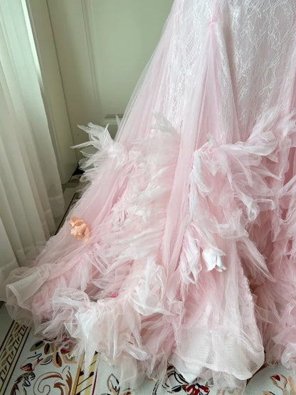 Abschlussballkleid Meerjungfrau V-Ausschnitt mit 3D-Blumenspitze langes rosa Abendkleid für Damen RC0511