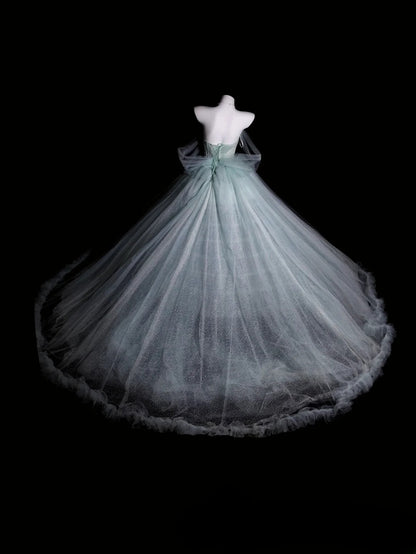 Sweet 16 Dress Blue Off Shoulder Tulle Ball Gown With Sleeves Sweet Sixteen Dress RB9942