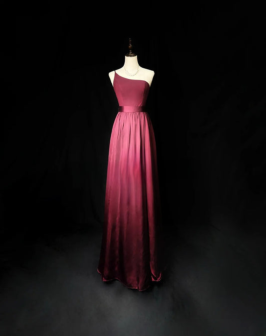 Retro A line One Shoulder Burgundy Satin Long Date Night Outfits Semi Formal Prom Wedding Guest Dresses RB5957