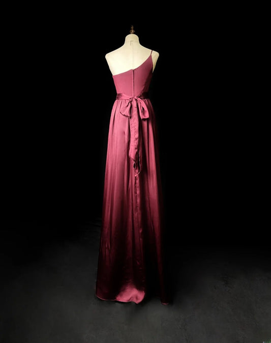 Retro A line One Shoulder Burgundy Satin Long Date Night Outfits Semi Formal Prom Wedding Guest Dresses RB5957