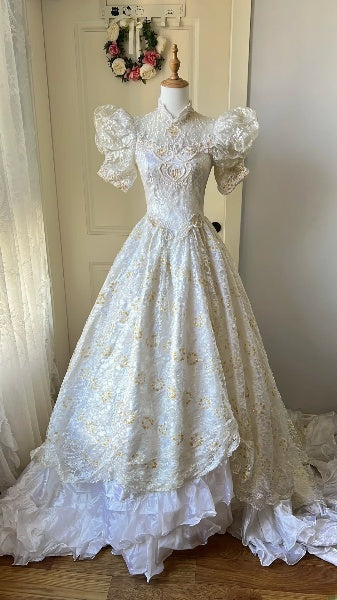 Princess Wedding Dress Ball Gown High Neck White Tulle With Sleeves Gold Beading Lace Bridal Gown RC0512