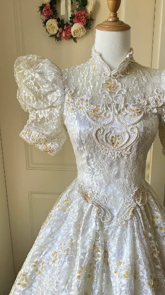 Princess Wedding Dress Ball Gown High Neck White Tulle With Sleeves Gold Beading Lace Bridal Gown RC0512