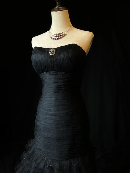 Modest Prom Dresses Mermaid Strapless Black Tie Dress With Ruffled Long Formal Outfits RB5958