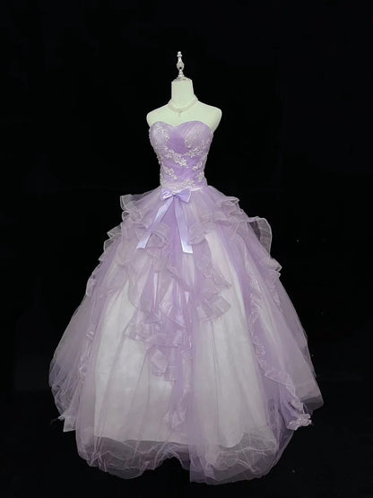 Modest Ball Gown Sweetheart Lilac With Tiered Layers Appliqued Long Quince Dress Voluminous Sweet 16 Sweet Sixteen Outfits Vestido de 15 RB7528