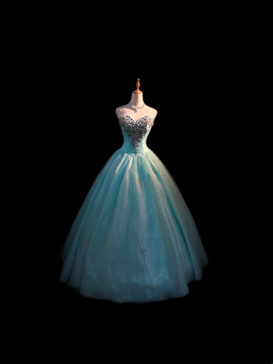 Prinzessinnen-Ballkleid Süße Herz-Ausschnitt Blau Tüll Lang mit Perlen Sweet 16 Kleider Siebzehn Quinceanera Kleid RB3592