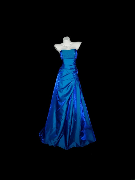 Blaues Abschlussballkleid Ballkleid trägerlos mit Perlenstickerei bodenlang formelles Partykleid RB9943
