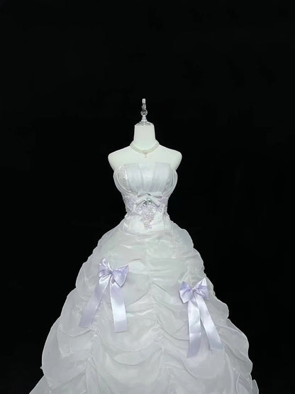 Modest Ball Gown Strapless White With Tiered Layers Lilac Appliqued Long Quince Dress Voluminous Sweet 16 Sweet Sixteen Outfits Vestido de 15 RB7529