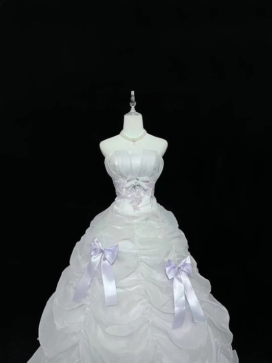 Modest Ball Gown Strapless White With Tiered Layers Lilac Appliqued Long Quince Dress Voluminous Sweet 16 Sweet Sixteen Outfits Vestido de 15 RB7529