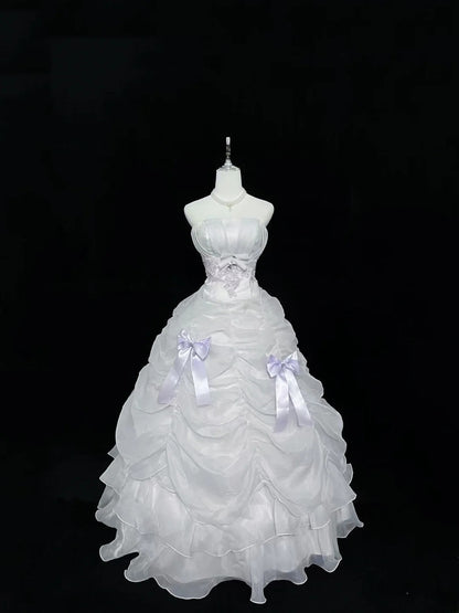 Modest Ball Gown Strapless White With Tiered Layers Lilac Appliqued Long Quince Dress Voluminous Sweet 16 Sweet Sixteen Outfits Vestido de 15 RB7529