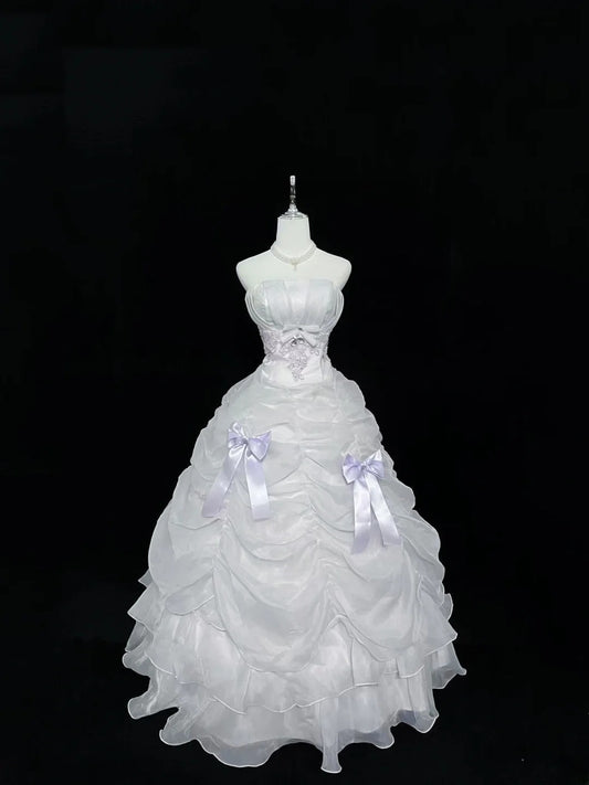 Modest Ball Gown Strapless White With Tiered Layers Lilac Appliqued Long Quince Dress Voluminous Sweet 16 Sweet Sixteen Outfits Vestido de 15 RB7529