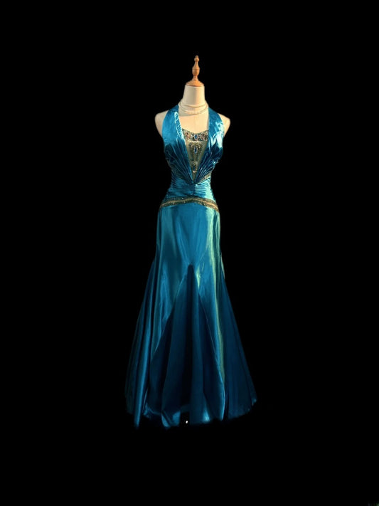 Vintage 70er Jahre Ballkleider Meerjungfrau Neckholder Blau Satin Mit Perlenbesetztem Oberteil Für Damen Lange Abendkleider Formelle Outfits RB3593