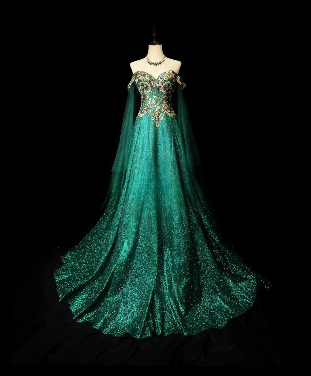 Classy Prom Dresses Ball Gown Off The Shoulder Dark Green With Long Sleeves Gold Lace Tulle Formal Outfits RB5959