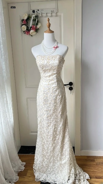 Chic Wedding Dress Mermaid Strapless White Lace With Gold Beading Lace Bridal Gown RC0514