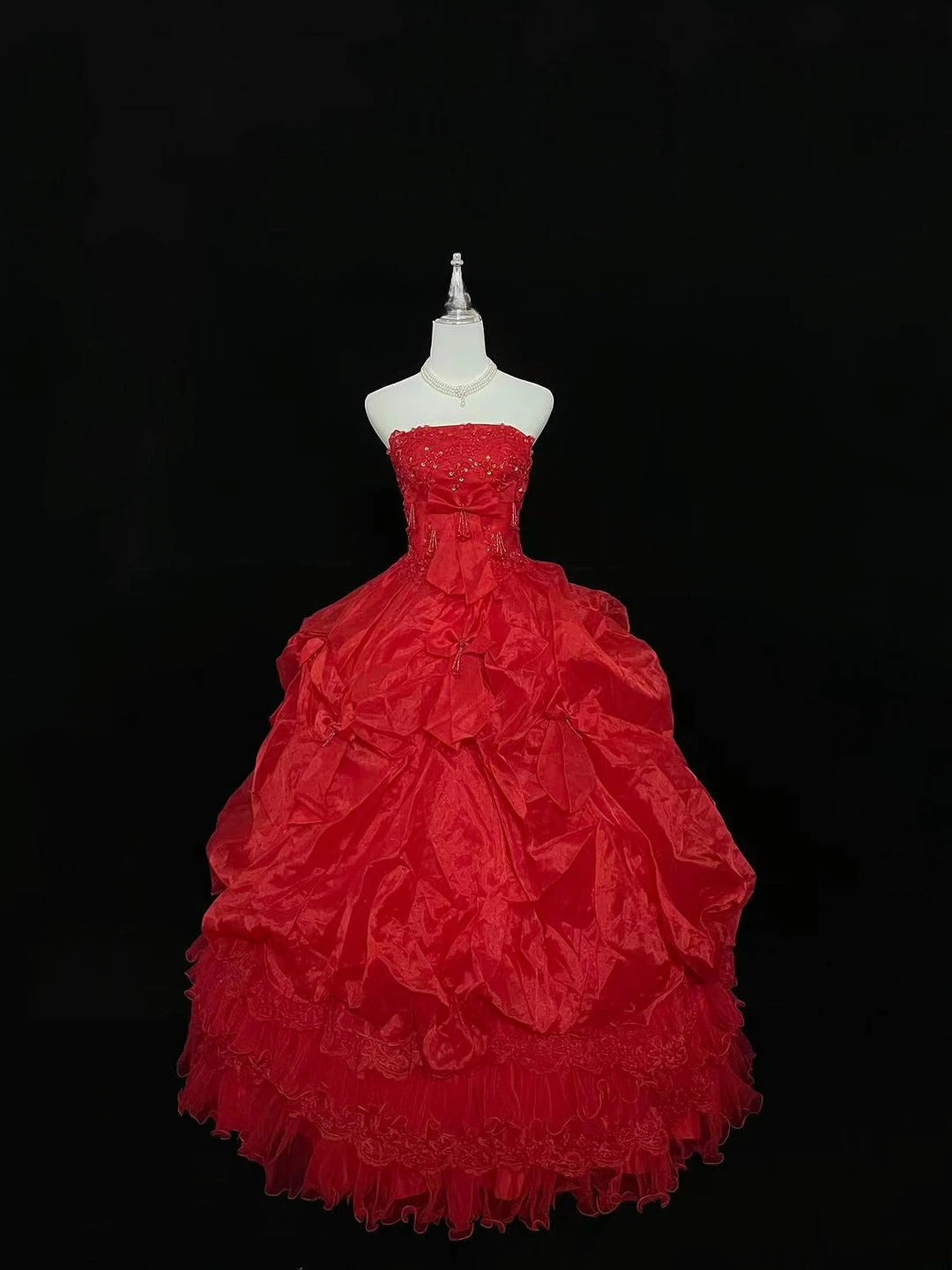 Modest Ball Gown Strapless Red With Tiered Layers Appliqued Long Quince Dress Voluminous Sweet 16 Sweet Sixteen Outfits Vestido de 15 RB7530