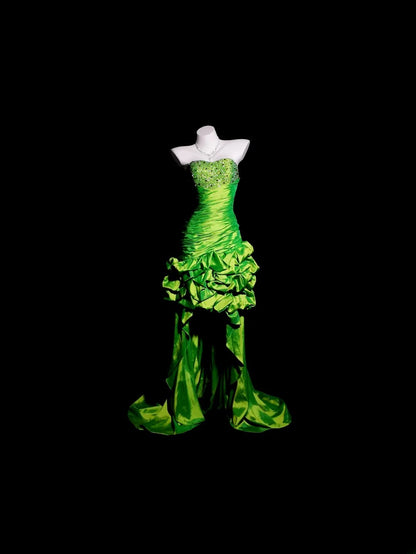 Green Prom Dress High Low Sweetheart Satin With Tiered Formal Party Gown RB9944