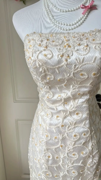 Chic Wedding Dress Mermaid Strapless White Lace With Gold Beading Lace Bridal Gown RC0514