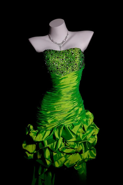 Green Prom Dress High Low Sweetheart Satin With Tiered Formal Party Gown RB9944