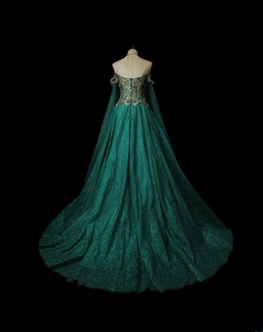 Classy Prom Dresses Ball Gown Off The Shoulder Dark Green With Long Sleeves Gold Lace Tulle Formal Outfits RB5959