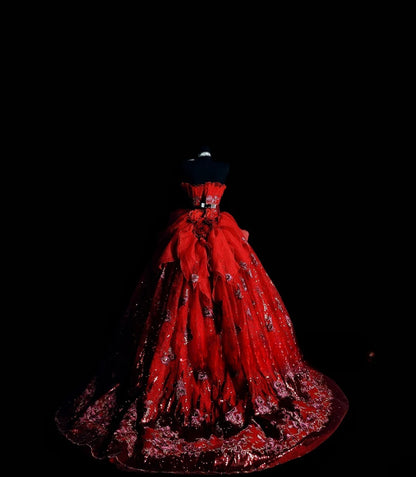 Cute Ball Gown Strapless Red Tulle Long Quinceañera Dress Moda 2000 15 Quinceanera Dresses Ideas Sweet 16 Outfits RB7128