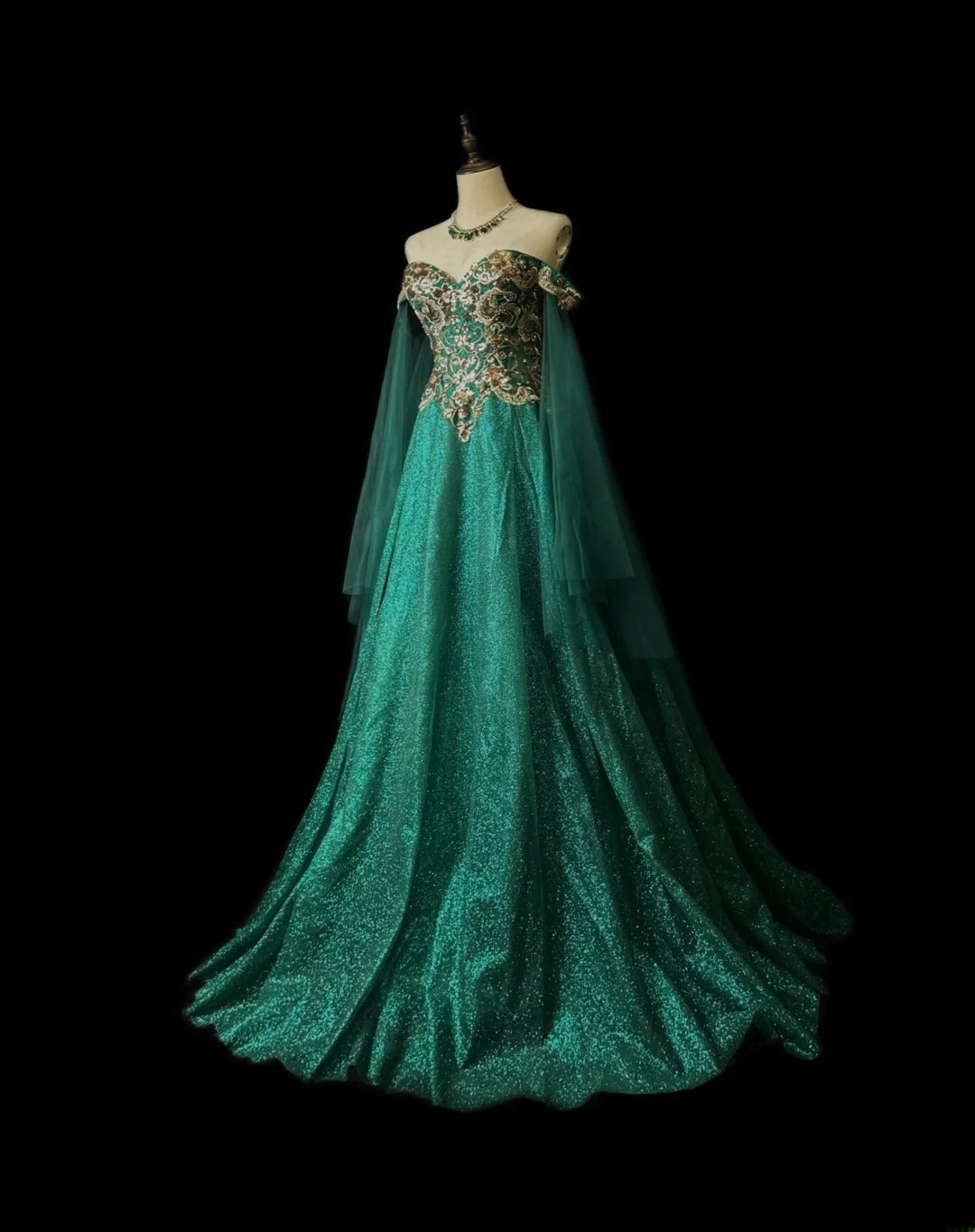 Classy Prom Dresses Ball Gown Off The Shoulder Dark Green With Long Sleeves Gold Lace Tulle Formal Outfits RB5959