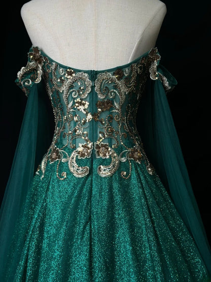 Classy Prom Dresses Ball Gown Off The Shoulder Dark Green With Long Sleeves Gold Lace Tulle Formal Outfits RB5959