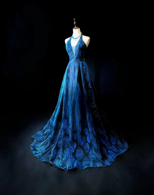 Retro Ball Gown Halter Navy Blue Floral Satin Long Date Night Outfits Semi Formal Prom Wedding Guest Dresses RB5960