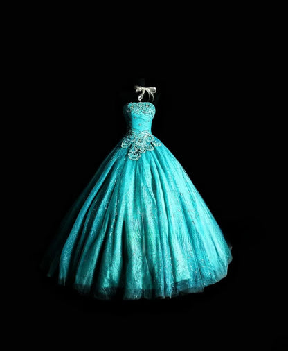 Cute Ball Gown Strapless Blue Tulle Long Quinceañera Dress Moda 2000 15 Quinceanera Dresses Ideas Sweet 16 Outfits RB7129