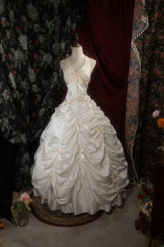 Vintage Ball Gown Halter Taffeta 1950s White Appliqued With Beading Long Autumn Winter Brides Gown Bridal Dress Wedding Dresses RB8288