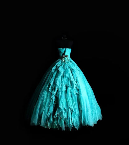 Cute Ball Gown Strapless Blue Tulle Long Quinceañera Dress Moda 2000 15 Quinceanera Dresses Ideas Sweet 16 Outfits RB7129