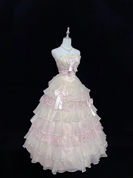 Modest Ball Gown Strapless Pink With Tiered Layers Appliqued Long Quince Dress Voluminous Sweet 16 Sweet Sixteen Outfits Vestido de 15 RB7531