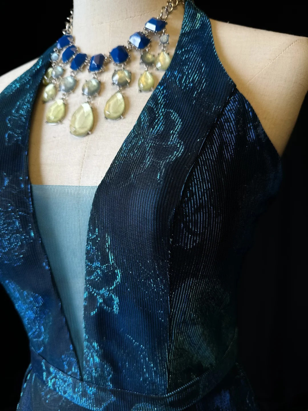 Retro Ball Gown Halter Navy Blue Floral Satin Long Date Night Outfits Semi Formal Prom Wedding Guest Dresses RB5960