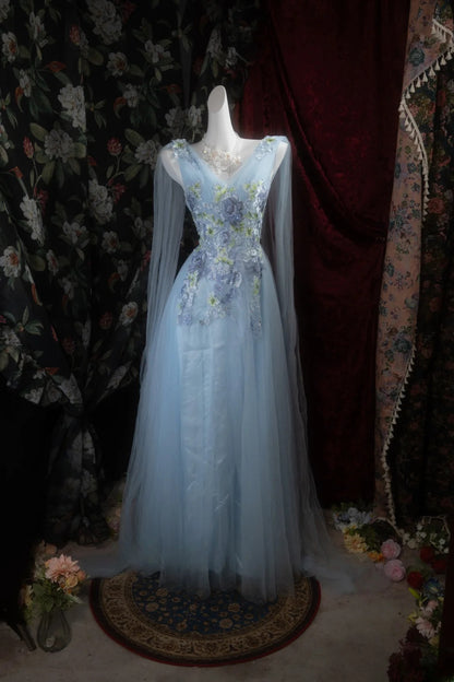 Charming A Line V Neckline Blue Tulle With Appliqued Long Prom Dresses Formal Outfits Evening Dress RB8289